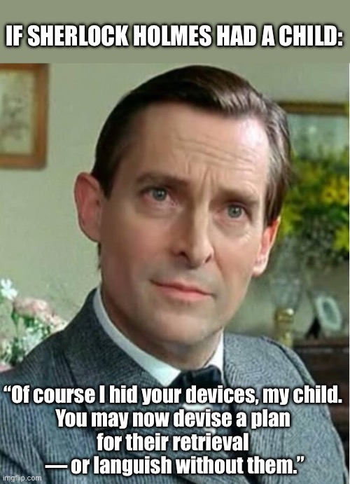 Sherlock Holmes - if he had a child - devices | IF SHERLOCK HOLMES HAD A CHILD:; “Of course I hid your devices, my child. 
You may now devise a plan 
for their retrieval 
— or languish without them.” | image tagged in sherlock holmes smirk,sherlock holmes,parents,kids,gaming | made w/ Imgflip meme maker