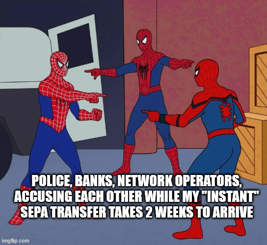 When you force banks to do something instantaneous... | POLICE, BANKS, NETWORK OPERATORS, ACCUSING EACH OTHER WHILE MY "INSTANT" SEPA TRANSFER TAKES 2 WEEKS TO ARRIVE | image tagged in spider man triple | made w/ Imgflip meme maker