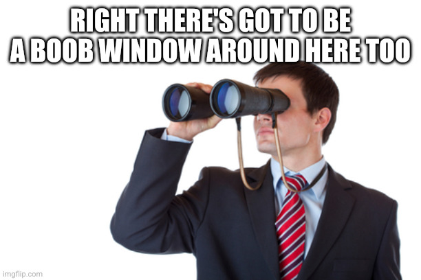 Binoculars | RIGHT THERE'S GOT TO BE A BOOB WINDOW AROUND HERE TOO | image tagged in binoculars | made w/ Imgflip meme maker