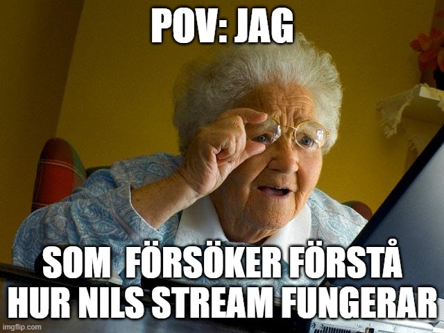 h | POV: JAG; SOM  FÖRSÖKER FÖRSTÅ HUR NILS STREAM FUNGERAR | image tagged in memes,grandma finds the internet | made w/ Imgflip meme maker