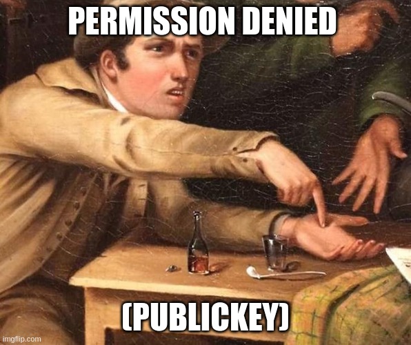 Permission denied (publickey). | PERMISSION DENIED; (PUBLICKEY) | image tagged in angry man pointing at hand | made w/ Imgflip meme maker