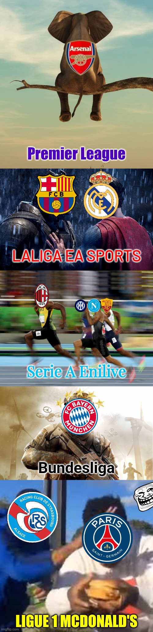 Top 5 European Football Leagues 2025/26 season so far... | Premier League; LALIGA EA SPORTS; Serie A Enilive; Bundesliga; LIGUE 1 MCDONALD'S | image tagged in batman vs superman,usain bolt running,call of duty guy,big mac,football,memes | made w/ Imgflip meme maker