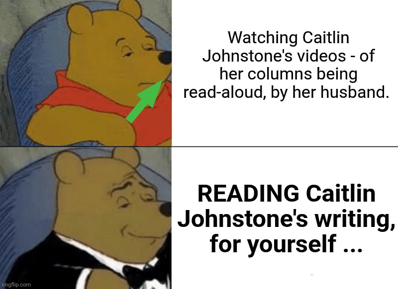 Tuxedo Winnie The Pooh Meme | Watching Caitlin Johnstone's videos - of her columns being read-aloud, by her husband. READING Caitlin Johnstone's writing, for yourself ... | image tagged in memes,tuxedo winnie the pooh | made w/ Imgflip meme maker