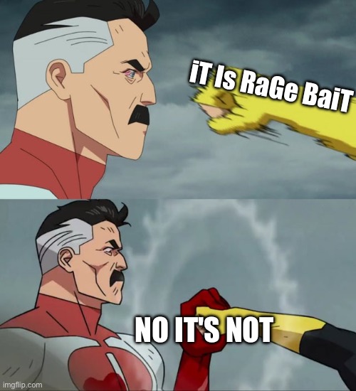 Omni Man blocks punch | iT Is RaGe BaiT; NO IT'S NOT | image tagged in omni man blocks punch | made w/ Imgflip meme maker