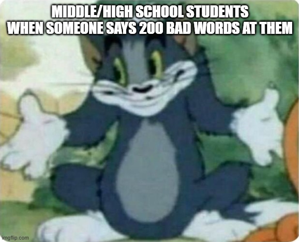 Tom Shrugging | MIDDLE/HIGH SCHOOL STUDENTS WHEN SOMEONE SAYS 200 BAD WORDS AT THEM | image tagged in tom shrugging | made w/ Imgflip meme maker