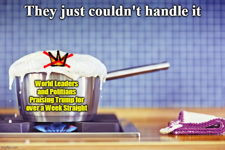 Pea Brain Overload | They just couldn't handle it; World Leaders and Politians Praising Trump for over a Week Straight | image tagged in tempers boil over no kings trump praise meme | made w/ Imgflip meme maker