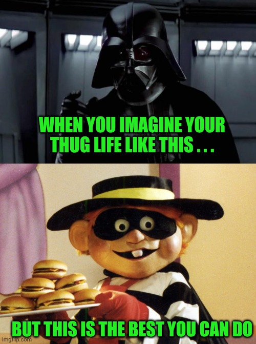 WHEN YOU IMAGINE YOUR THUG LIFE LIKE THIS . . . BUT THIS IS THE BEST YOU CAN DO | image tagged in darth vader,the hamburglar | made w/ Imgflip meme maker