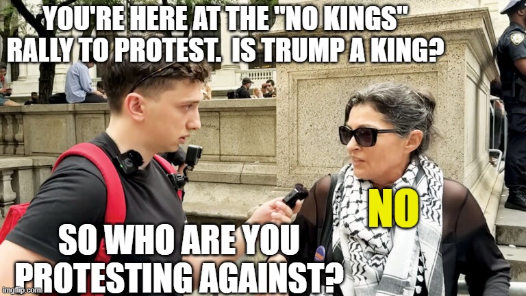 Nate Friedman street interview | YOU'RE HERE AT THE "NO KINGS" RALLY TO PROTEST.  IS TRUMP A KING? NO; SO WHO ARE YOU PROTESTING AGAINST? | image tagged in nate friedman street interview | made w/ Imgflip meme maker