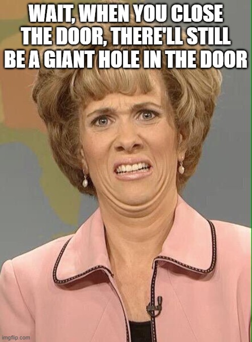 Eww | WAIT, WHEN YOU CLOSE THE DOOR, THERE'LL STILL BE A GIANT HOLE IN THE DOOR | image tagged in eww | made w/ Imgflip meme maker