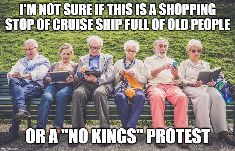 Old people | I'M NOT SURE IF THIS IS A SHOPPING STOP OF CRUISE SHIP FULL OF OLD PEOPLE; OR A "NO KINGS" PROTEST | image tagged in old people | made w/ Imgflip meme maker