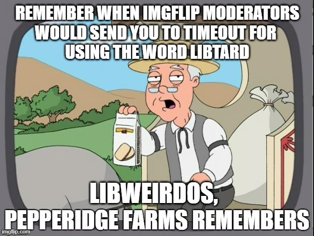 PEPPERIDGE FARMS REMEMBERS | REMEMBER WHEN IMGFLIP MODERATORS
WOULD SEND YOU TO TIMEOUT FOR 
USING THE WORD LIBTARD LIBWEIRDOS, | image tagged in pepperidge farms remembers | made w/ Imgflip meme maker