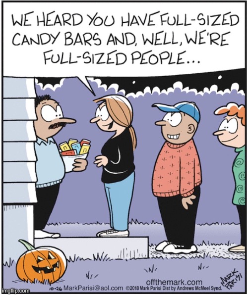 Off the Mark | image tagged in comics,off the mark,trick or treat,halloween,full sized,candy bars | made w/ Imgflip meme maker