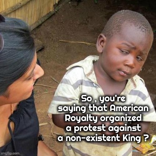 Third World Skeptical Kid Meme | So , you're saying that American Royalty organized a protest against a non-existent King ? | image tagged in memes,third world skeptical kid | made w/ Imgflip meme maker