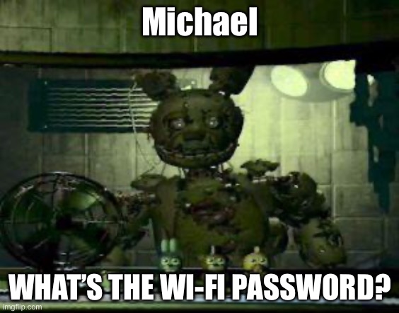 FNAF Springtrap in window | Michael; WHAT’S THE WI-FI PASSWORD? | image tagged in fnaf springtrap in window | made w/ Imgflip meme maker