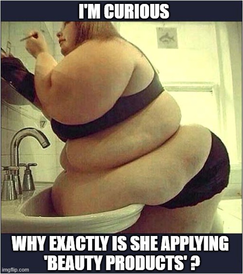 The Worst Case Of 'Body Positivity' I Have Ever Seen ! | I'M CURIOUS; WHY EXACTLY IS SHE APPLYING 
'BEAUTY PRODUCTS' ? | image tagged in obese,make up,body positivity | made w/ Imgflip meme maker