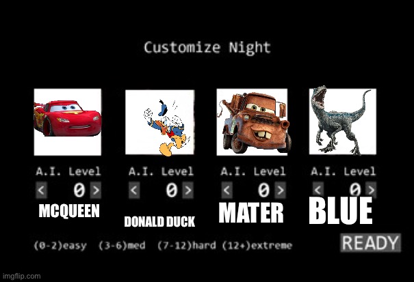 Chat, am I cooking? | BLUE; DONALD DUCK; MATER; MCQUEEN | image tagged in fnaf 1 custom night | made w/ Imgflip meme maker
