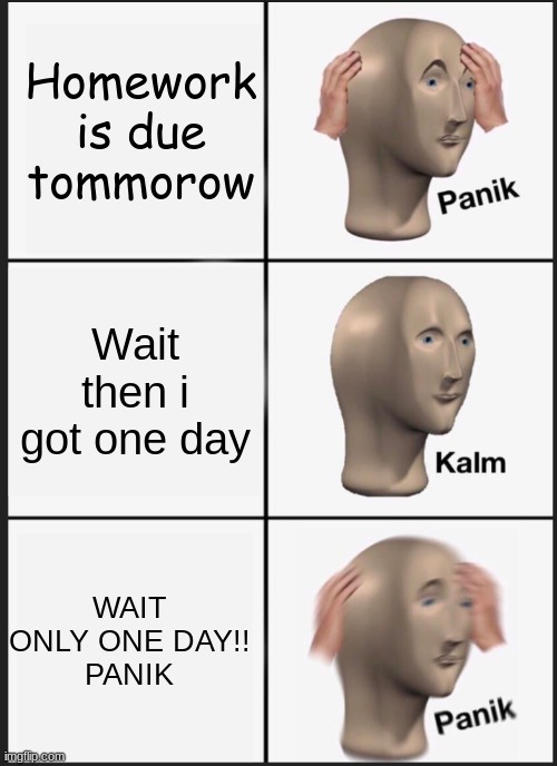 Mema man be like: | Homework is due tommorow; Wait then i got one day; WAIT ONLY ONE DAY!!
PANIK | image tagged in panik calm panik | made w/ Imgflip meme maker