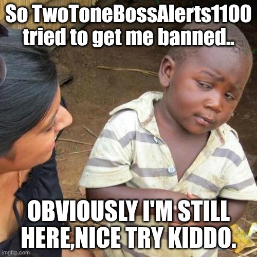 nice try. I'm still standing. | So TwoToneBossAlerts1100 tried to get me banned.. OBVIOUSLY I'M STILL HERE,NICE TRY KIDDO. | image tagged in memes,third world skeptical kid,nice try,stupid,looser | made w/ Imgflip meme maker