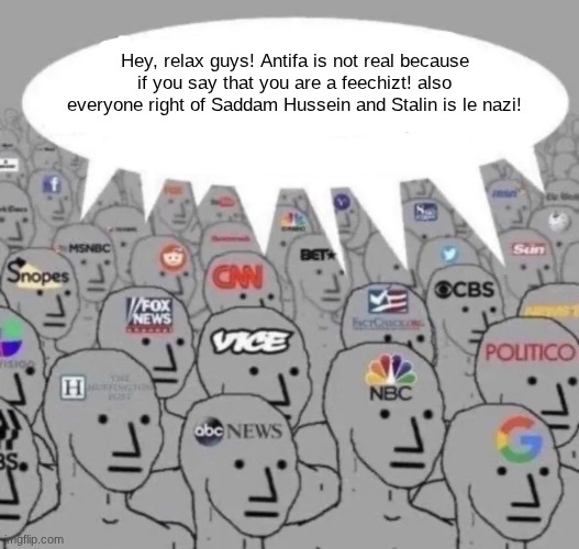Liberals media in a nutshell | Hey, relax guys! Antifa is not real because if you say that you are a feechizt! also everyone right of Saddam Hussein and Stalin is le nazi! | image tagged in news channels hivemind | made w/ Imgflip meme maker