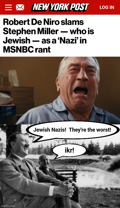Libs are idiots | Jewish Nazis!  They're the worst! ikr! | image tagged in robert dinero,adolf hitler laughing,stephen miller,memes,jewish nazi,democrats | made w/ Imgflip meme maker
