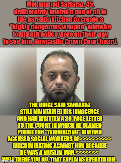 YEA we need more immigrants, multiculturalism is GREAT.. | Mohammed Sarfaraz, 45, deliberately heated a pan of oil in his parents' kitchen to create a "highly dangerous weapon" when he found out police were on their way to see him, Newcastle Crown Court heard. THE JUDGE SAID SARFARAZ STILL MAINTAINED HIS INNOCENCE AND HAD WRITTEN A 30-PAGE LETTER TO THE COURT IN WHICH HE BLAMED POLICE FOR "TERRORIZING" HIM AND ACCUSED SOCIAL WORKERS OF>>>>>>>>>> DISCRIMINATING AGAINST HIM BECAUSE HE WAS A MUSLIM MAN.<<<<<<<  WELL THERE YOU GO, THAT EXPLAINS EVERYTHING. | made w/ Imgflip meme maker