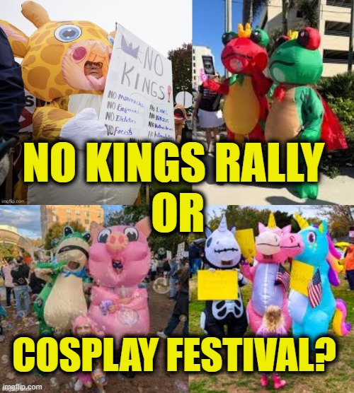 How can you take these folks serious? | NO KINGS RALLY
 OR; COSPLAY FESTIVAL? | image tagged in cosplay fail | made w/ Imgflip meme maker