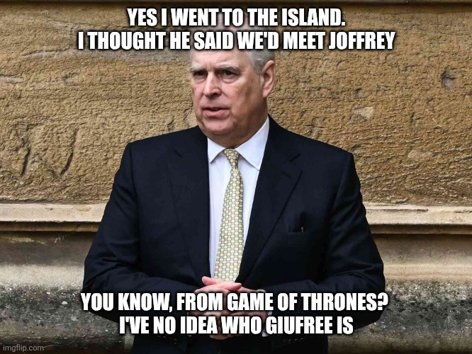 YES I WENT TO THE ISLAND. I THOUGHT HE SAID WE'D MEET JOFFREY; YOU KNOW, FROM GAME OF THRONES? 
I'VE NO IDEA WHO GIUFREE IS | image tagged in funny | made w/ Imgflip meme maker