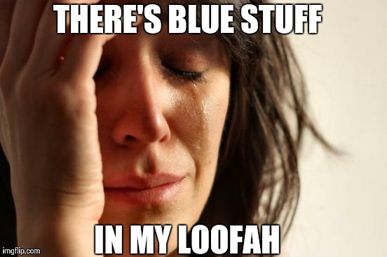First World Problems Meme | THERE'S BLUE STUFF  IN MY LOOFAH | image tagged in memes,first world problems | made w/ Imgflip meme maker