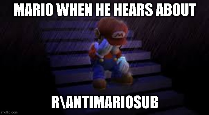 mario when he sees r\antimariosub | MARIO WHEN HE HEARS ABOUT; R\ANTIMARIOSUB | image tagged in sad mario | made w/ Imgflip meme maker