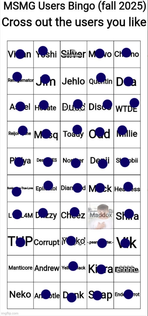 MSMG Users Bingo (fall 2025) | it's complicated; ehhhh... | image tagged in msmg users bingo fall 2025 | made w/ Imgflip meme maker