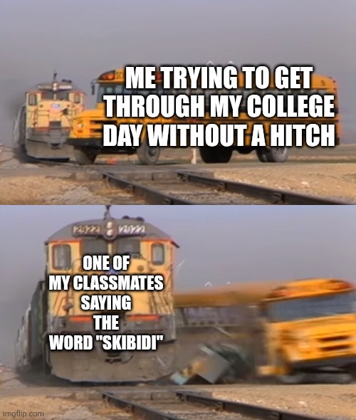 What's wrong with Generations Z and Alpha? | ME TRYING TO GET THROUGH MY COLLEGE DAY WITHOUT A HITCH; ONE OF MY CLASSMATES SAYING THE WORD "SKIBIDI" | image tagged in a train hitting a school bus,brainrot,college,skibidi toilet,skibidi toilet sucks | made w/ Imgflip meme maker