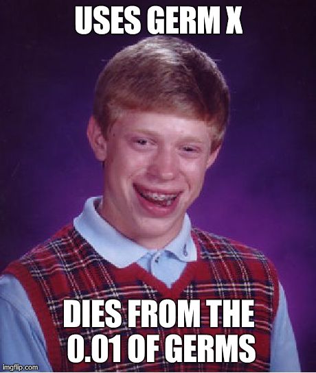 Bad Luck Brian Meme | USES GERM X DIES FROM THE 0.01 OF GERMS | image tagged in memes,bad luck brian | made w/ Imgflip meme maker