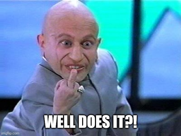 mini-me flip the bird | WELL DOES IT?! | image tagged in mini-me flip the bird | made w/ Imgflip meme maker