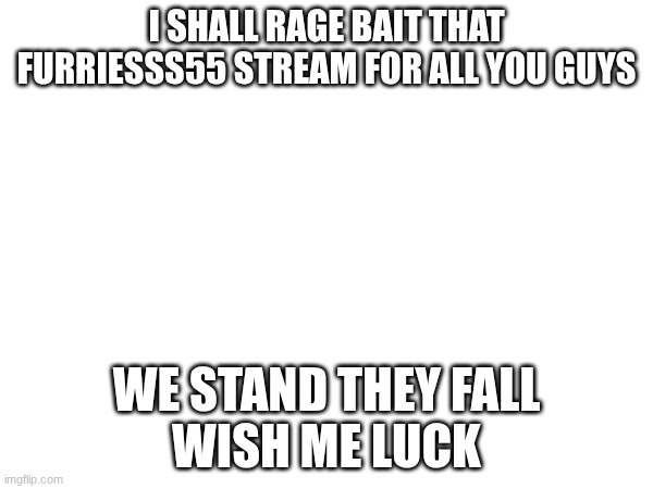 I SHALL RAGE BAIT THAT FURRIESSS55 STREAM FOR ALL YOU GUYS; WE STAND THEY FALL
WISH ME LUCK | made w/ Imgflip meme maker