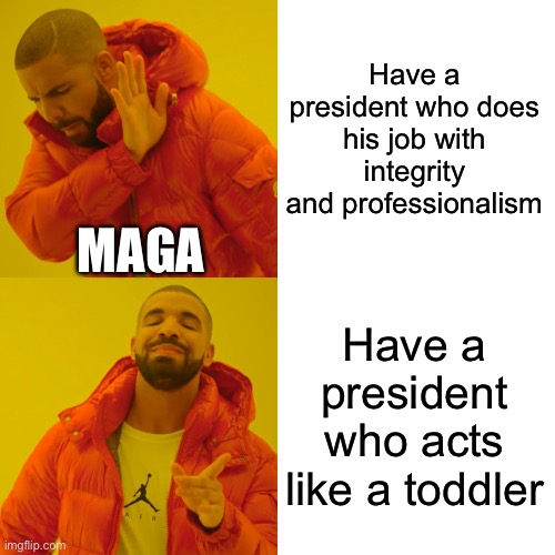 Drake Hotline Bling Meme | Have a president who does his job with integrity and professionalism Have a president who acts like a toddler MAGA | image tagged in memes,drake hotline bling | made w/ Imgflip meme maker