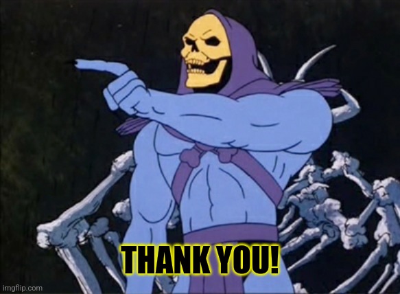 Skeletor pointing | THANK YOU! | image tagged in skeletor pointing | made w/ Imgflip meme maker
