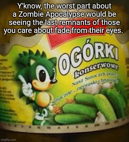 Sonic Pickles | Y'know, the worst part about a Zombie Apocalypse would be seeing the last remnants of those you care about fade from their eyes. | image tagged in sonic pickles | made w/ Imgflip meme maker
