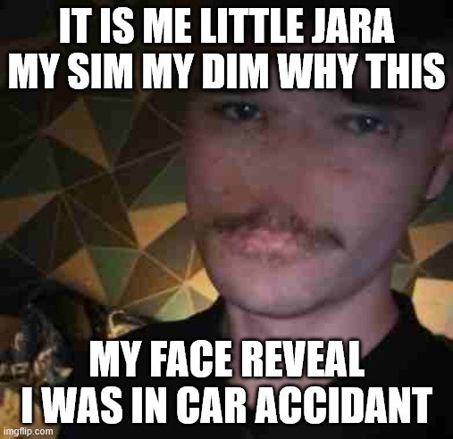 Face revel | IT IS ME LITTLE JARA MY SIM MY DIM WHY THIS; MY FACE REVEAL I WAS IN CAR ACCIDANT | image tagged in image of me this is my face revel i was in a care crash | made w/ Imgflip meme maker