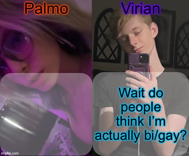 Nah I’m straight af (with the slight exception of femboys) | Wait do people think I’m actually bi/gay? | image tagged in palmo and virian shared temp | made w/ Imgflip meme maker