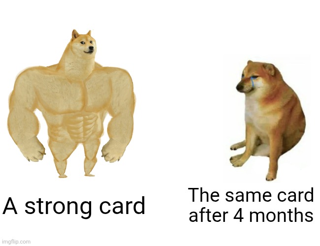 Buff Doge vs. Cheems | A strong card; The same card after 4 months | image tagged in memes,buff doge vs cheems | made w/ Imgflip meme maker