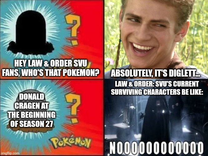 Diglett | HEY LAW & ORDER SVU FANS, WHO'S THAT POKEMON? ABSOLUTELY, IT'S DIGLETT... LAW & ORDER: SVU'S CURRENT SURVIVING CHARACTERS BE LIKE:; DONALD CRAGEN AT THE BEGINNING OF SEASON 27 | image tagged in diglett,law and order,mourning | made w/ Imgflip meme maker
