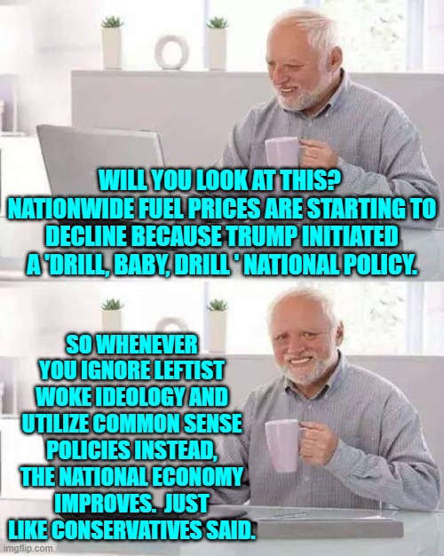Just use common sense.  Of course that leaves leftists out of the equation. | WILL YOU LOOK AT THIS?  NATIONWIDE FUEL PRICES ARE STARTING TO DECLINE BECAUSE TRUMP INITIATED A 'DRILL, BABY, DRILL ' NATIONAL POLICY. SO WHENEVER YOU IGNORE LEFTIST WOKE IDEOLOGY AND UTILIZE COMMON SENSE POLICIES INSTEAD, THE NATIONAL ECONOMY IMPROVES.  JUST LIKE CONSERVATIVES SAID. | image tagged in hide the pain harold | made w/ Imgflip meme maker