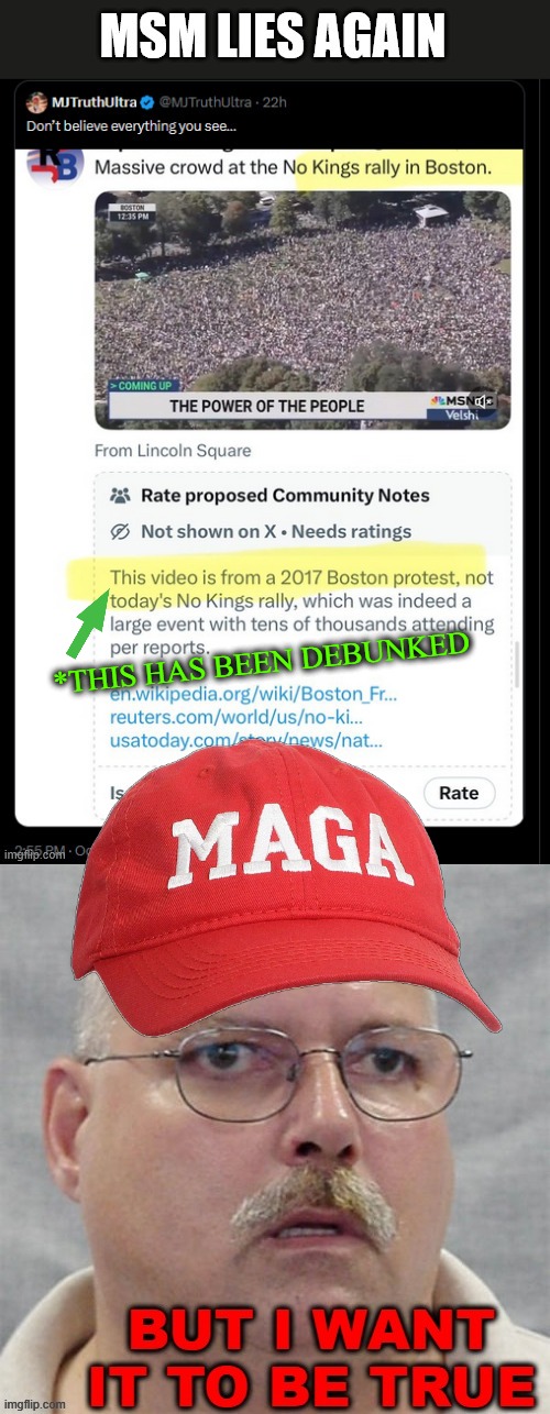 they're panicking + convincing themselves that 'No Kings' wasn't enormous | *THIS HAS BEEN DEBUNKED | image tagged in protests,boston,kings,msm,propaganda,maga | made w/ Imgflip meme maker