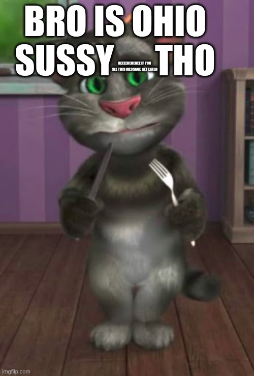 talking tom 2 hungry | BRO IS OHIO SUSSY      THO REEEEHEHEHEE IF YOU SEE THIS MESSAGE GET EATEN | image tagged in talking tom 2 hungry | made w/ Imgflip meme maker