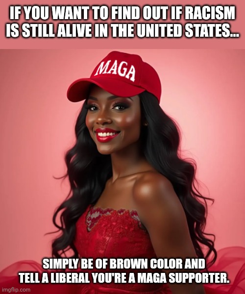 Facts | IF YOU WANT TO FIND OUT IF RACISM IS STILL ALIVE IN THE UNITED STATES... SIMPLY BE OF BROWN COLOR AND TELL A LIBERAL YOU'RE A MAGA SUPPORTER. | image tagged in miss maga | made w/ Imgflip meme maker