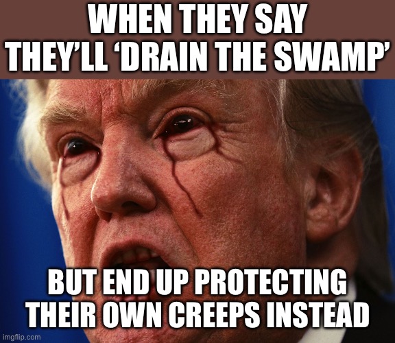 WHEN THEY SAY THEY’LL ‘DRAIN THE SWAMP’ | WHEN THEY SAY THEY’LL ‘DRAIN THE SWAMP’; BUT END UP PROTECTING THEIR OWN CREEPS INSTEAD | image tagged in lame drumpf,maga,make america great again,donald trump,pedophiles,jeffrey epstein | made w/ Imgflip meme maker