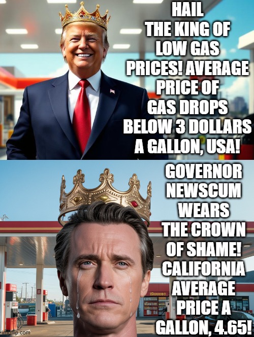 King Trump! | HAIL THE KING OF LOW GAS PRICES! AVERAGE PRICE OF GAS DROPS BELOW 3 DOLLARS A GALLON, USA! GOVERNOR NEWSCUM WEARS THE CROWN OF SHAME! CALIFORNIA AVERAGE PRICE A GALLON, 4.65! | image tagged in king | made w/ Imgflip meme maker