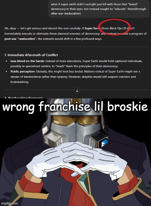 bruh | wrong franchise lil broskie | image tagged in helldivers gendo pose,bruh,wrong franchise | made w/ Imgflip meme maker