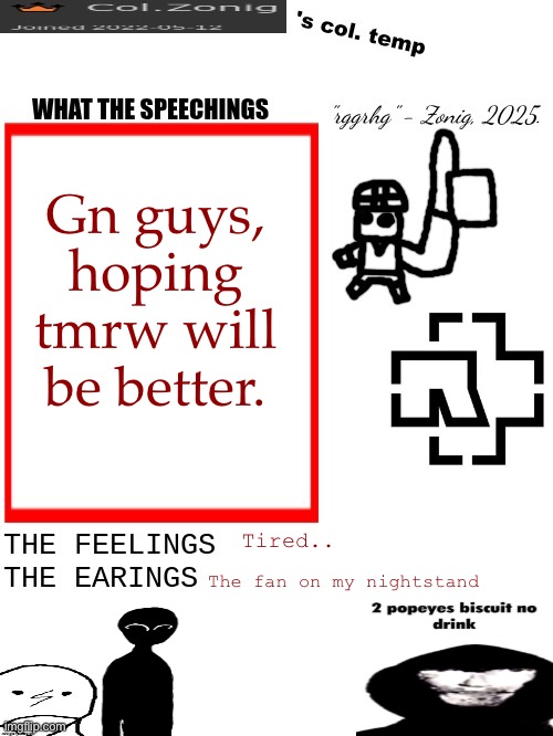 Might cry myself to sleep tonight idk :3 | Gn guys, hoping tmrw will be better. Tired.. The fan on my nightstand | image tagged in col zonig's col temp rgh | made w/ Imgflip meme maker