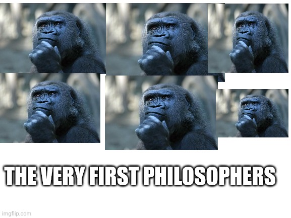 Dumb meme I thought of | THE VERY FIRST PHILOSOPHERS | image tagged in blank white template,philosophy,deep thoughts,gorilla,apes,apes together strong | made w/ Imgflip meme maker